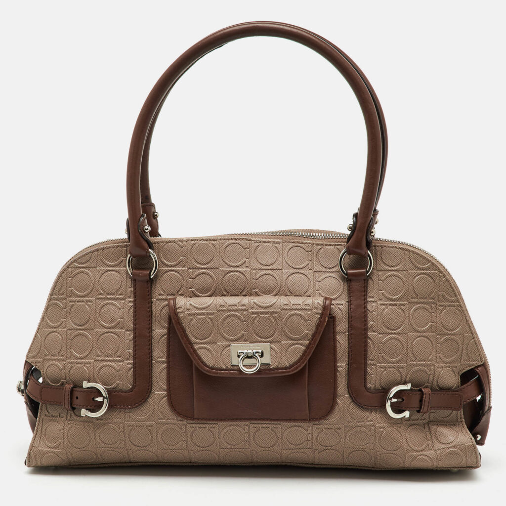 Salvatore Ferragamo Beige/Brown Gancini Embossed Leather Zip Satchel