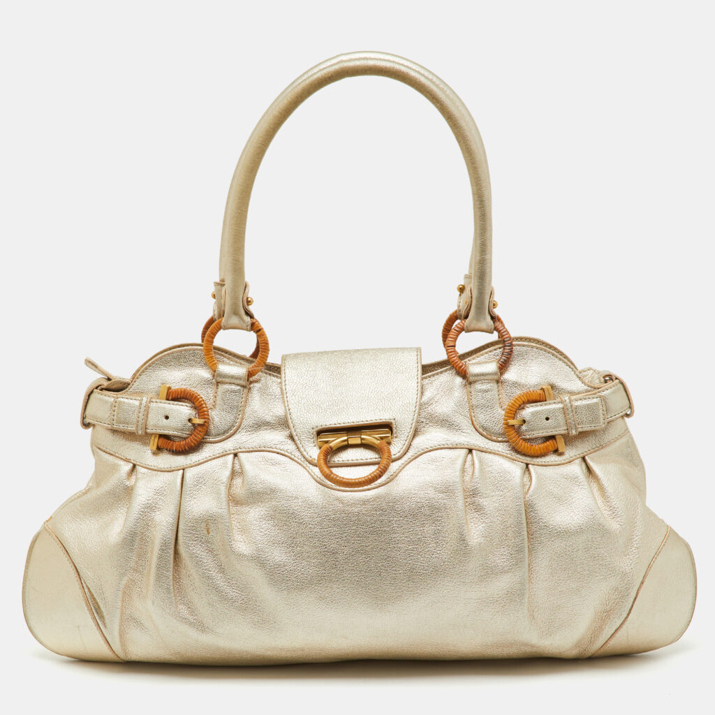 Salvatore Ferragamo Metallic Gold Leather Marisa Shoulder Bag