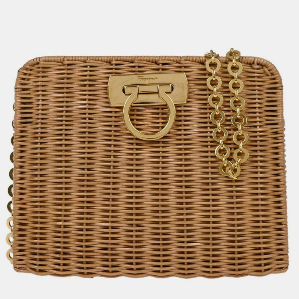 Salvatore Ferragamo Beige Rattan Gancini Shoulder Bag