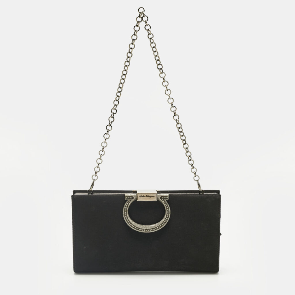 Salvatore Ferragamo Black Satin Musa Gancini Chain Clutch Salvatore Ferragamo Black Satin Musa Gancini Chain Clutch