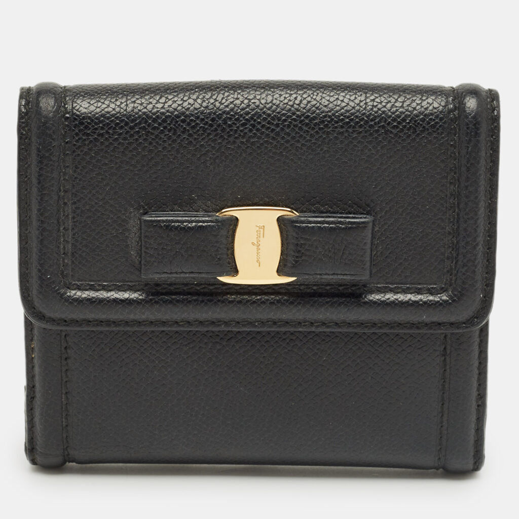 Salvatore Ferragamo Black Leather Vara Bow French Wallet
