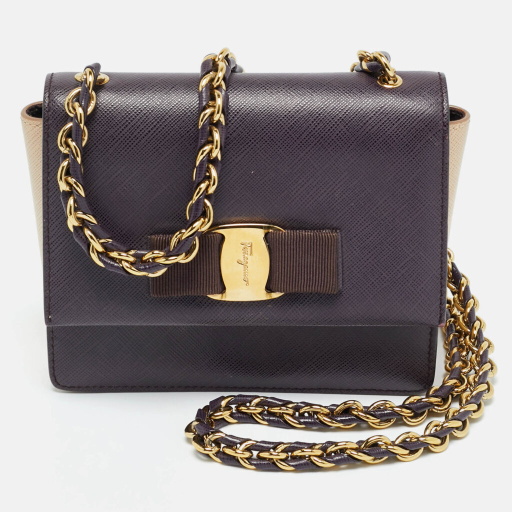 Salvatore Ferragamo Purple/Beige Leather Mini Ginny Crossbody Bag Salvatore Ferragamo Purple/Beige Leather Mini Ginny Crossbody Bag