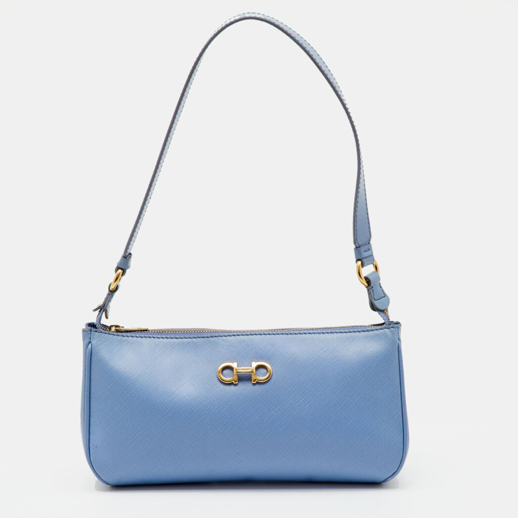 Salvatore Ferragamo Blue Saffiano Leather Gancini Shoulder Bag Salvatore Ferragamo Blue Saffiano Leather Gancini Shoulder Bag