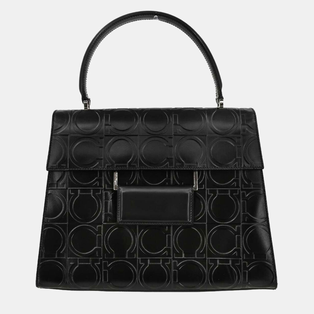 luxury-women-salvatore-ferragamo-used-handbags-p1250598-010.jpeg Salvatore Ferragamo Black Embossed Leather Handbag