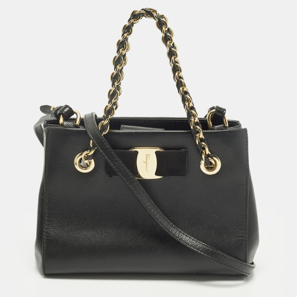 Salvatore Ferragamo Melike Vara Bow Mini Black Leather Chain Tote Salvatore Ferragamo Melike Vara Bow Mini Black Leather Chain Tote
