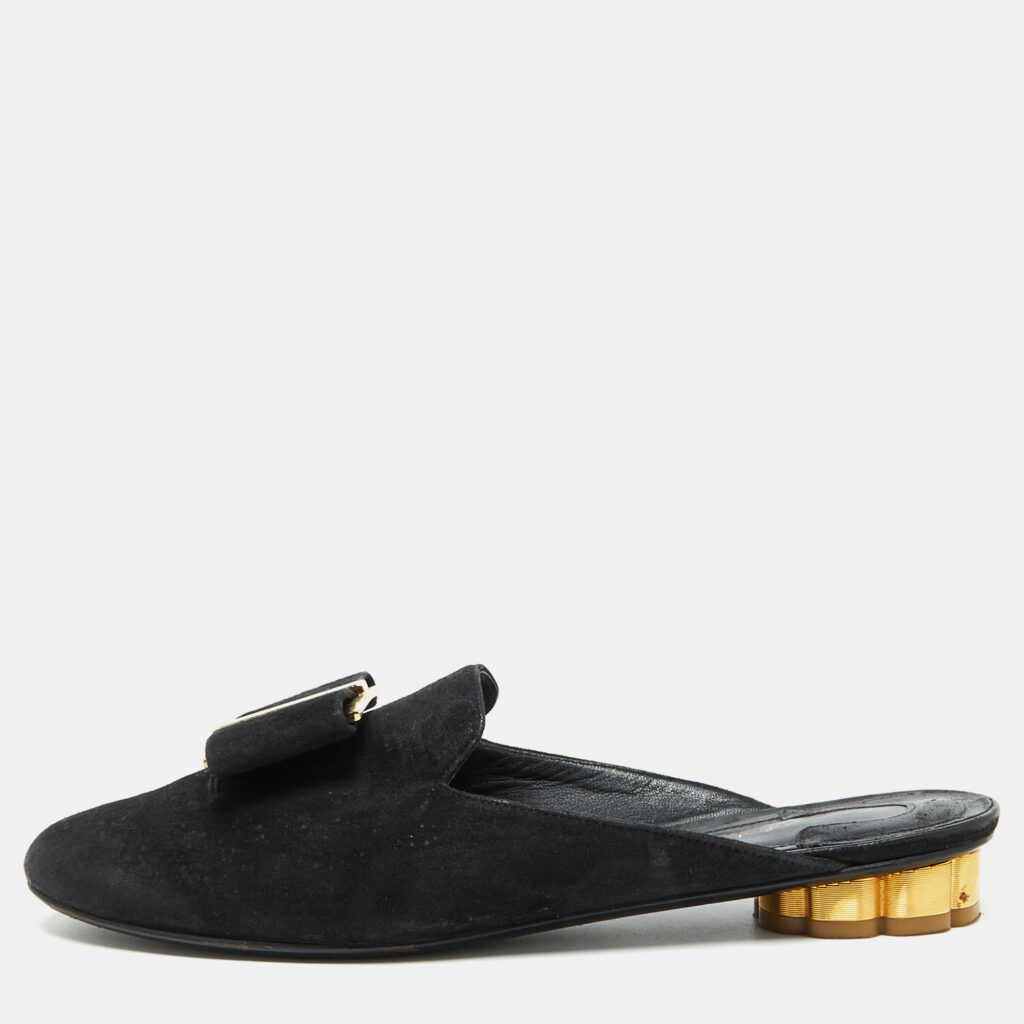 Salvatore Ferragamo Black Suede Bow Flat Mules Size 36.5 Salvatore Ferragamo Black Suede Bow Flat Mules Size 36.5