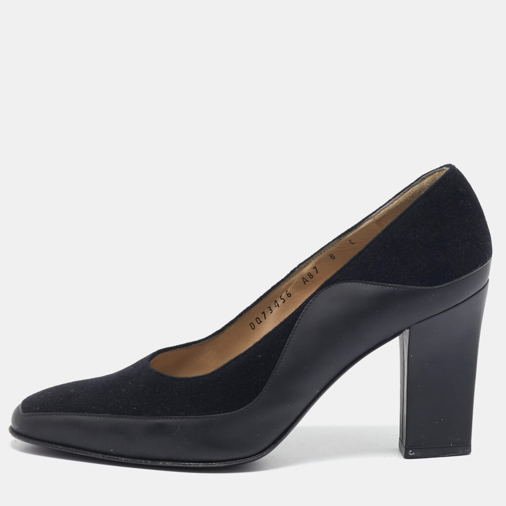 Salvatore Ferragamo Black Leather and Wool Block Heel Pumps Size 38.5