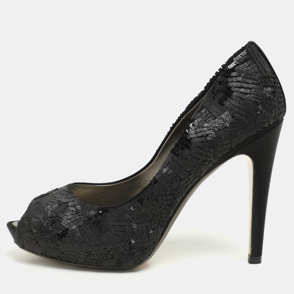 Salvatore Ferragamo Black Satin and Sequins Embellished Peep Toe Pumps Size 40