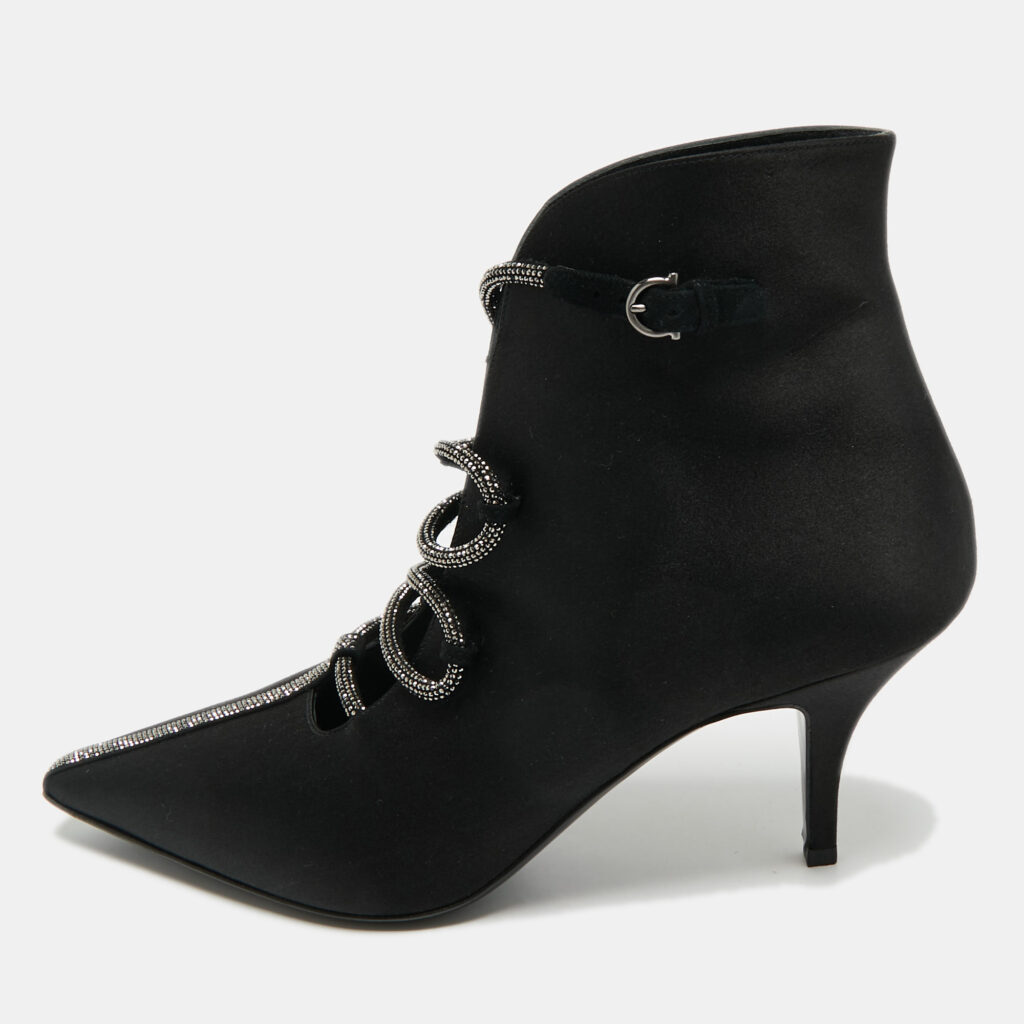 Salvatore Ferragamo Black Satin Ciconia Embellished Ankle Length Boots Size 40 Salvatore Ferragamo Black Satin Ciconia Embellished Ankle Length Boots Size 40