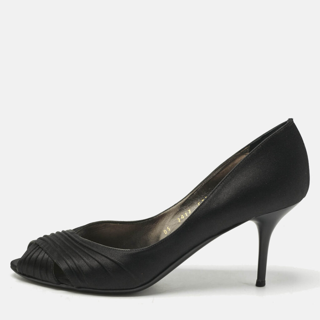 Salvatore Ferragamo Black Pleated Satin Societe Peep Toe Pumps Size 39.5 Salvatore Ferragamo Black Pleated Satin Societe Peep Toe Pumps Size 39.5