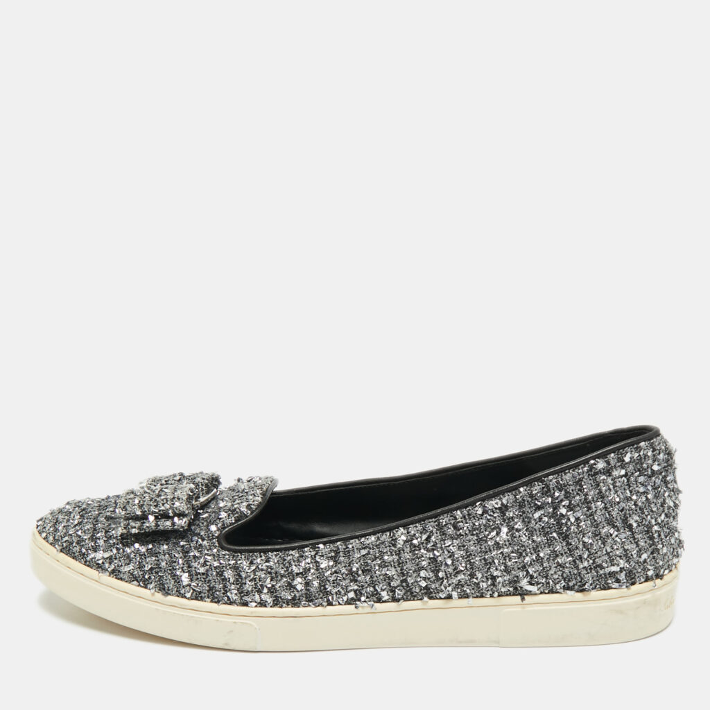 Salvatore Ferragamo Grey Tweed and Leather Novello Slip On Sneakers Size 38.5