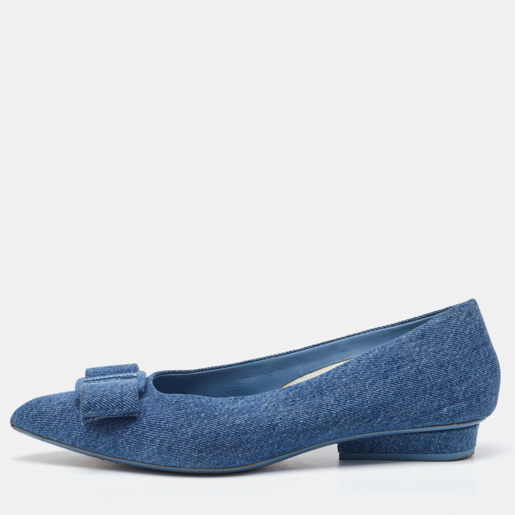 Salvatore Ferragamo Blue Denim Varina Pointed Toe Ballet Flats Size 40