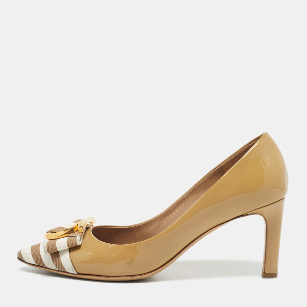 Salvatore Ferragamo Beige Grosgrain and Patent Leather Ezia Pumps Size 39.5 Salvatore Ferragamo Beige Grosgrain and Patent Leather Ezia Pumps Size 39.5