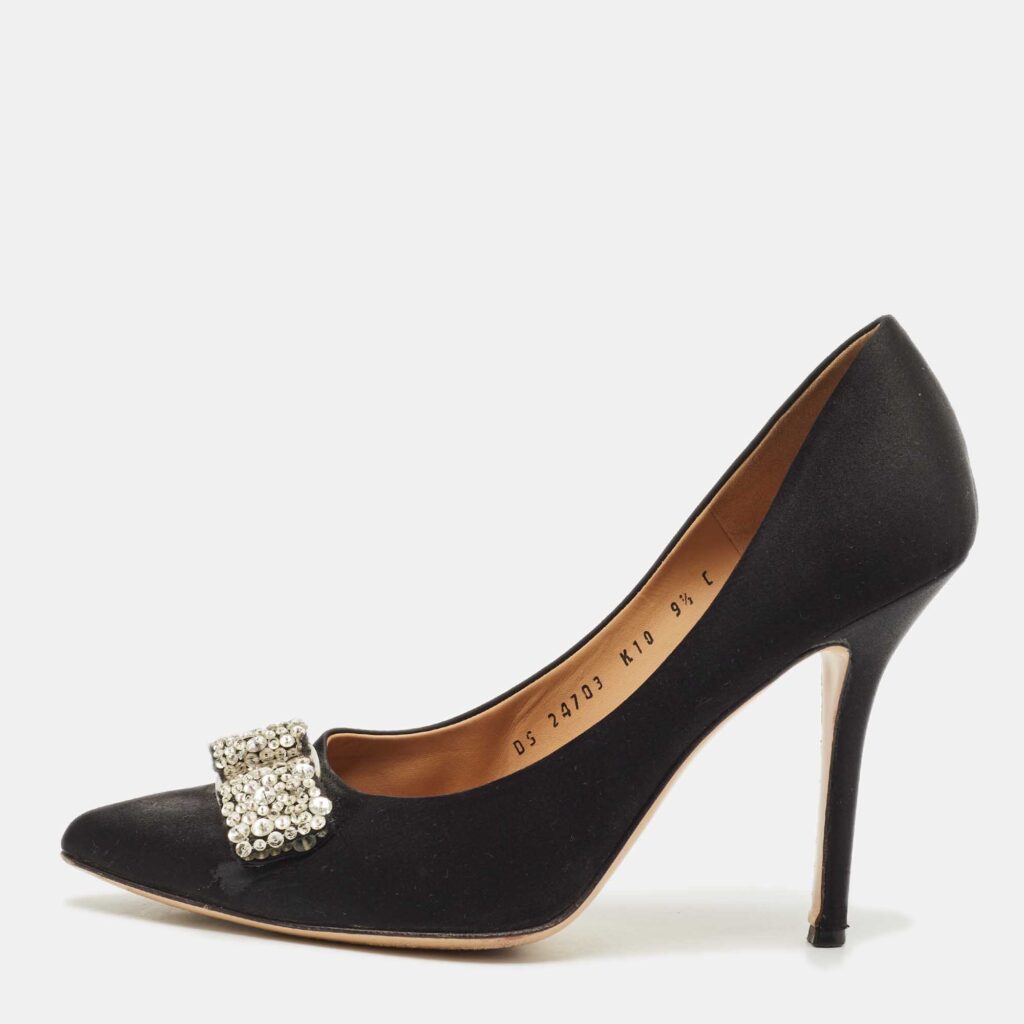 Salvatore Ferragamo Black Satin Crystal Embellished Vara Bow Pumps Size 40