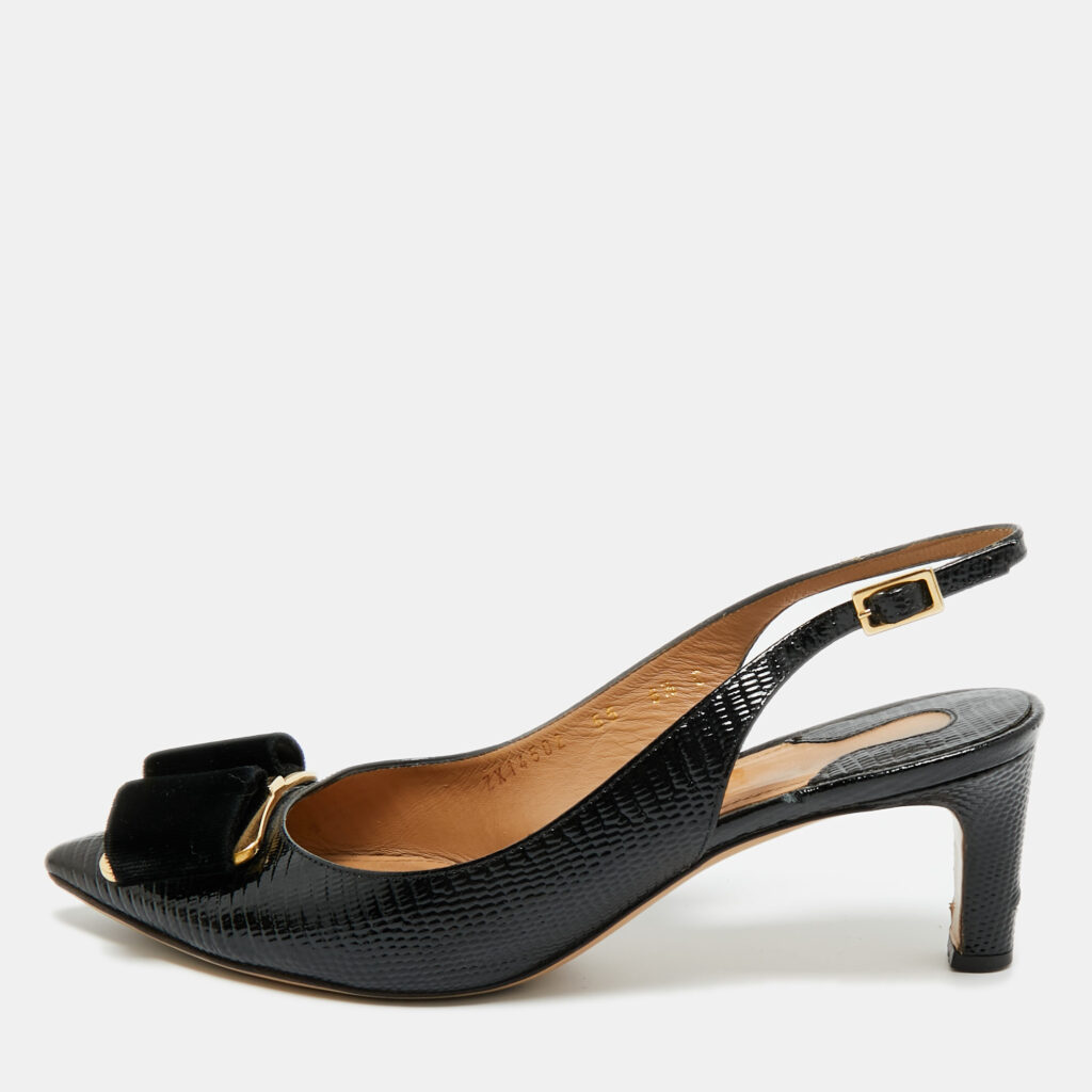 Salvatore Ferragamo Black Lizard Embossed Leather Vara Bow Slingback Pumps Size 37 Salvatore Ferragamo Black Lizard Embossed Leather Vara Bow Slingback Pumps Size 37