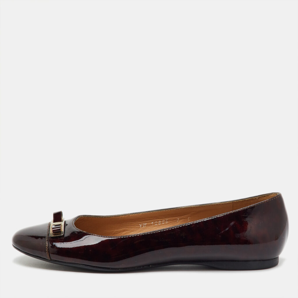 Salvatore Ferragamo Brown Leather Patent Vara Bow Ballet Flats Size 37.5