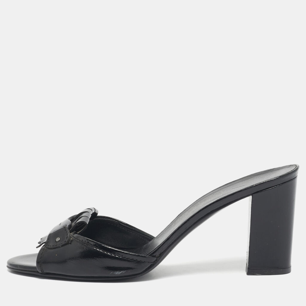 Salvatore Ferragamo Black Patent Leather Fringe Bow Slide Sandals Size 41 Salvatore Ferragamo Black Patent Leather Fringe Bow Slide Sandals Size 41