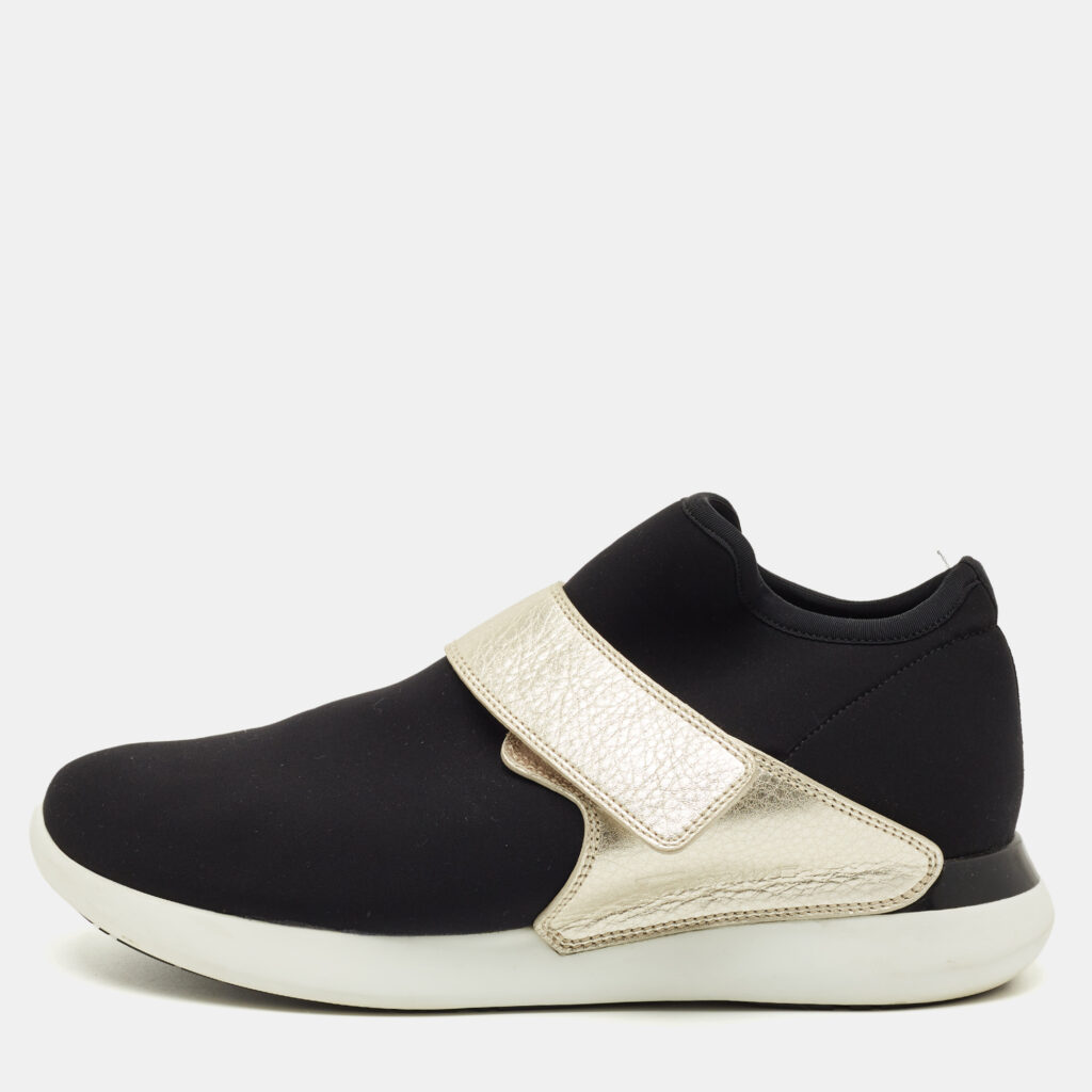 Salvatore Ferragamo Black/Gold Stretch Fabric and Leather Slip On Sneakers Size 41 Salvatore Ferragamo Black/Gold Stretch Fabric and Leather Slip On Sneakers Size 41