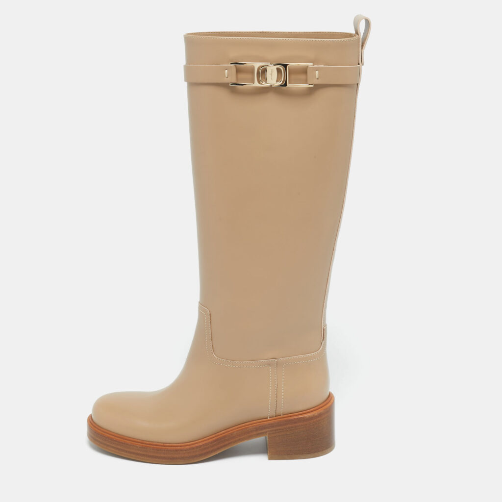 Salvatore Ferragamo Beige Leather Ornament Square Gancini Knee Length Boots Size 37.5