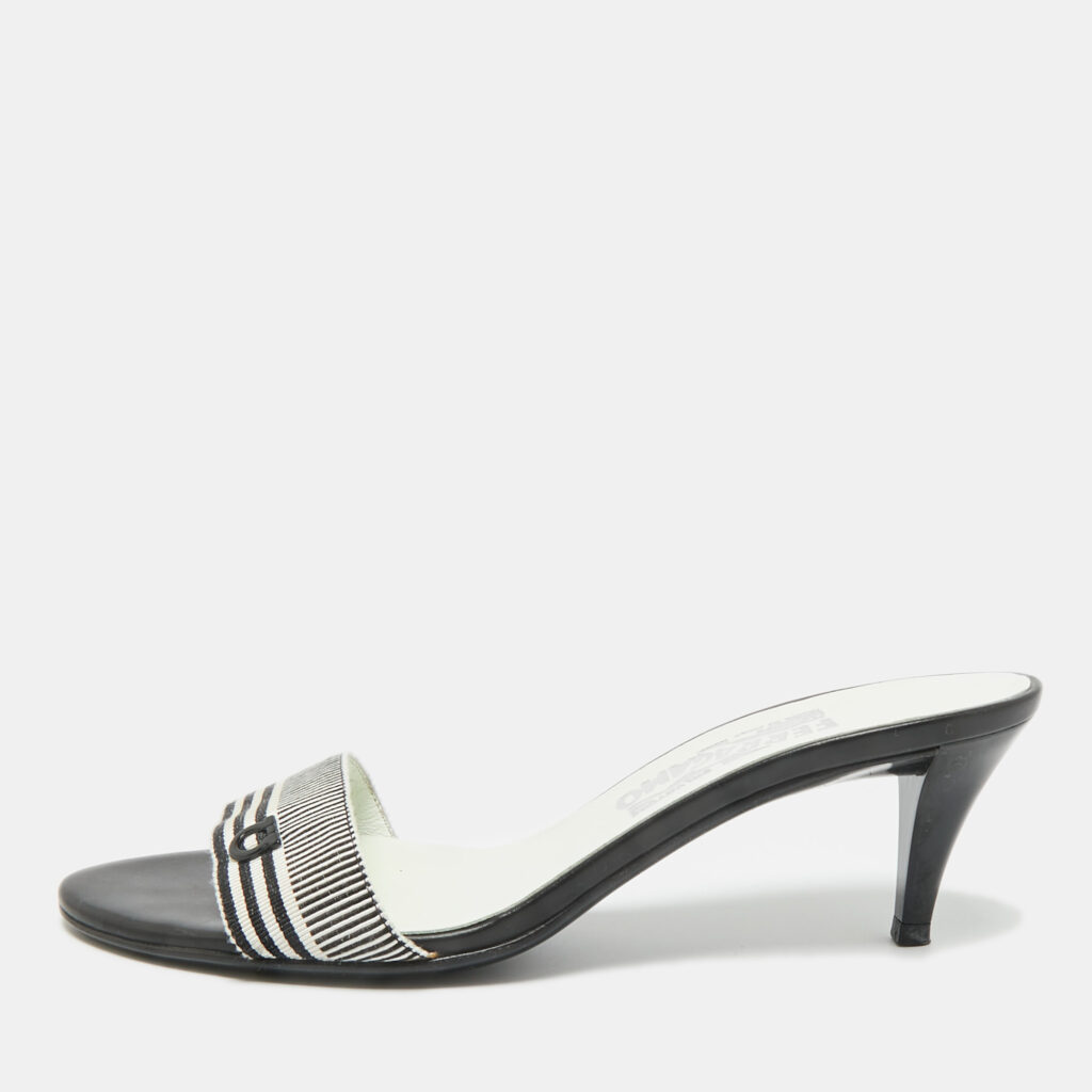 Salvatore Ferragamo Black/White Canvas Slide Sandals Size 37