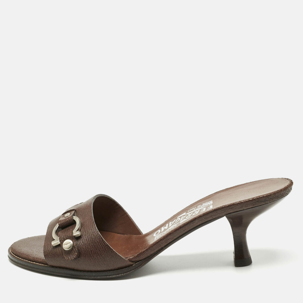 Salvatore Ferragamo Brown Leather Slide Sandals Size 36.5