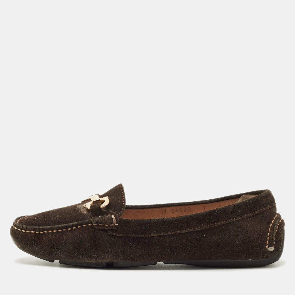 luxury-women-salvatore-ferragamo-used-shoes-p1213871-001-1.jpg Salvatore Ferragamo Brown Suede Gancini Loafers Size 37.5