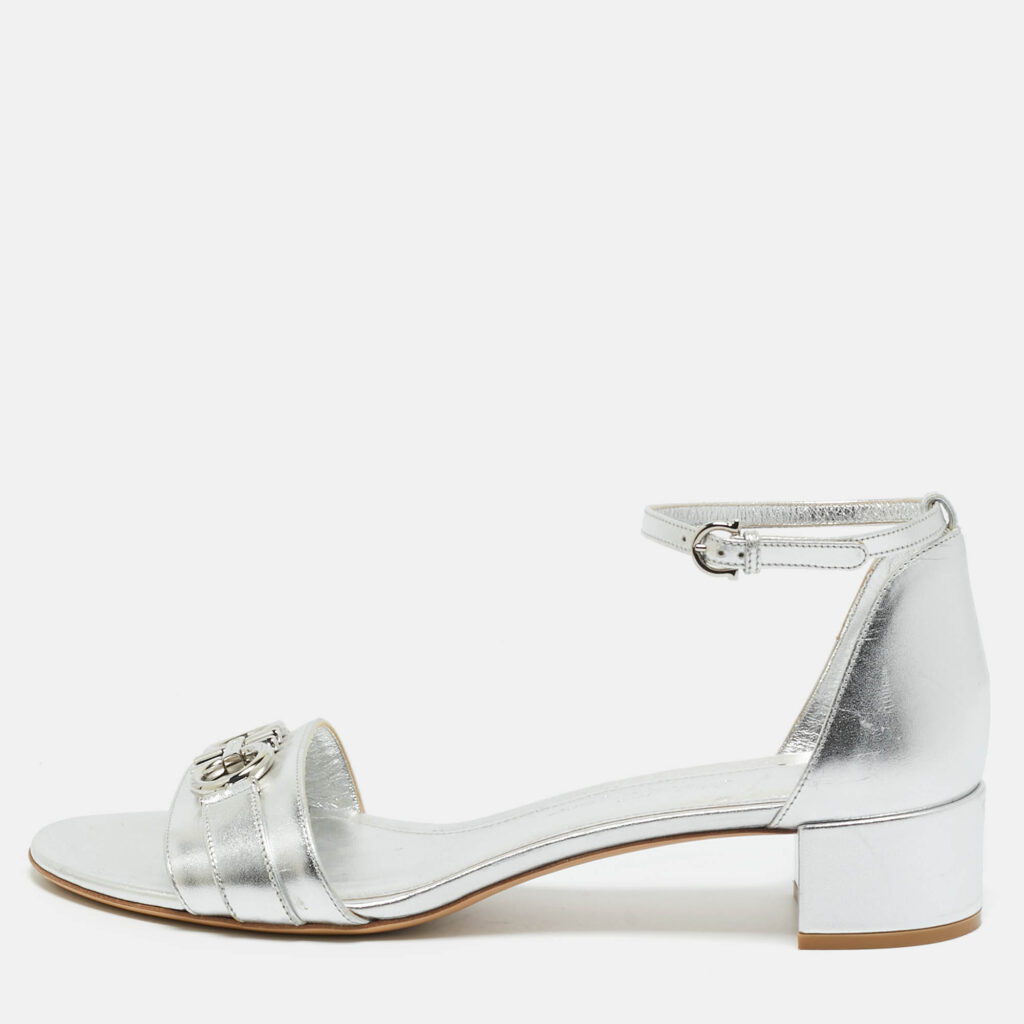 Salvatore Ferragamo Silver Leather Gancini Ankle Strap Sandals Size 40.5