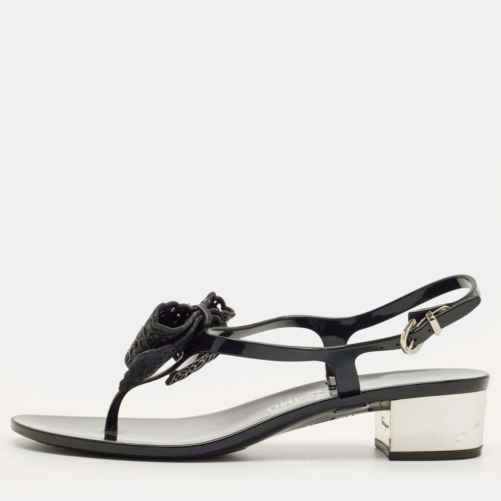 Salvatore Ferragamo Black Rubber per Ankle Strap Sandals Size 37.5