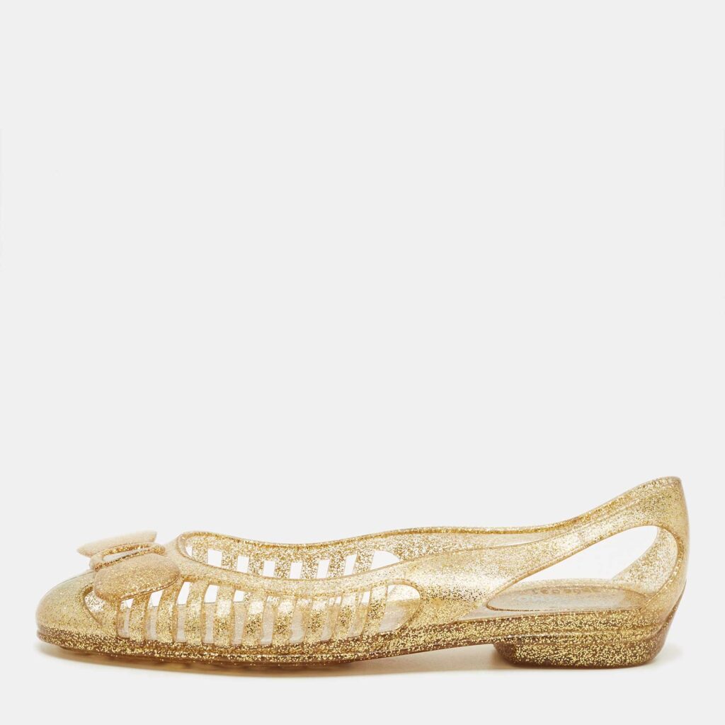 Salvatore Ferragamo Gold Glitter Jelly Bow Ballet Flats Size 37.5 Salvatore Ferragamo Gold Glitter Jelly Bow Ballet Flats Size 37.5