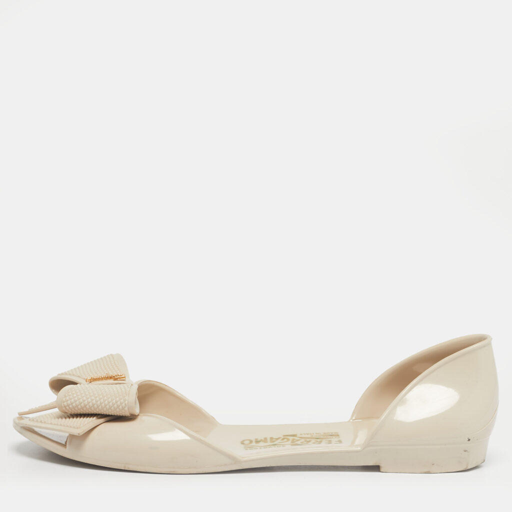 Salvatore Ferragamo Beige Rubber Bow Ballet Flats Size 37.5
