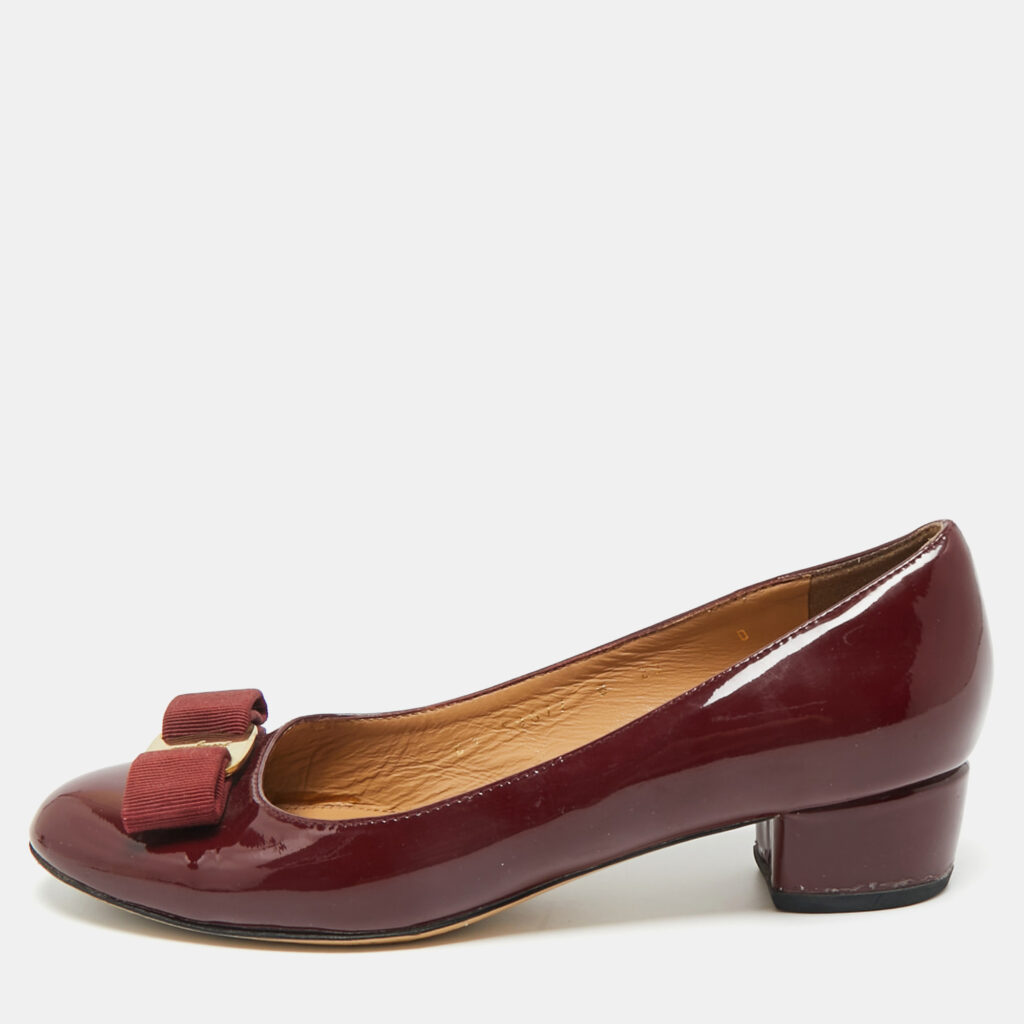 Salvatore Ferragamo Burgundy Patent Leather Vara Bow Block Heel Pumps Size 36