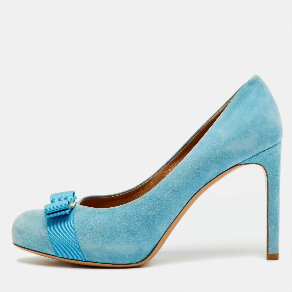 Salvatore Ferragamo Light Blue Suede Vara Bow Platform Pumps Size 40