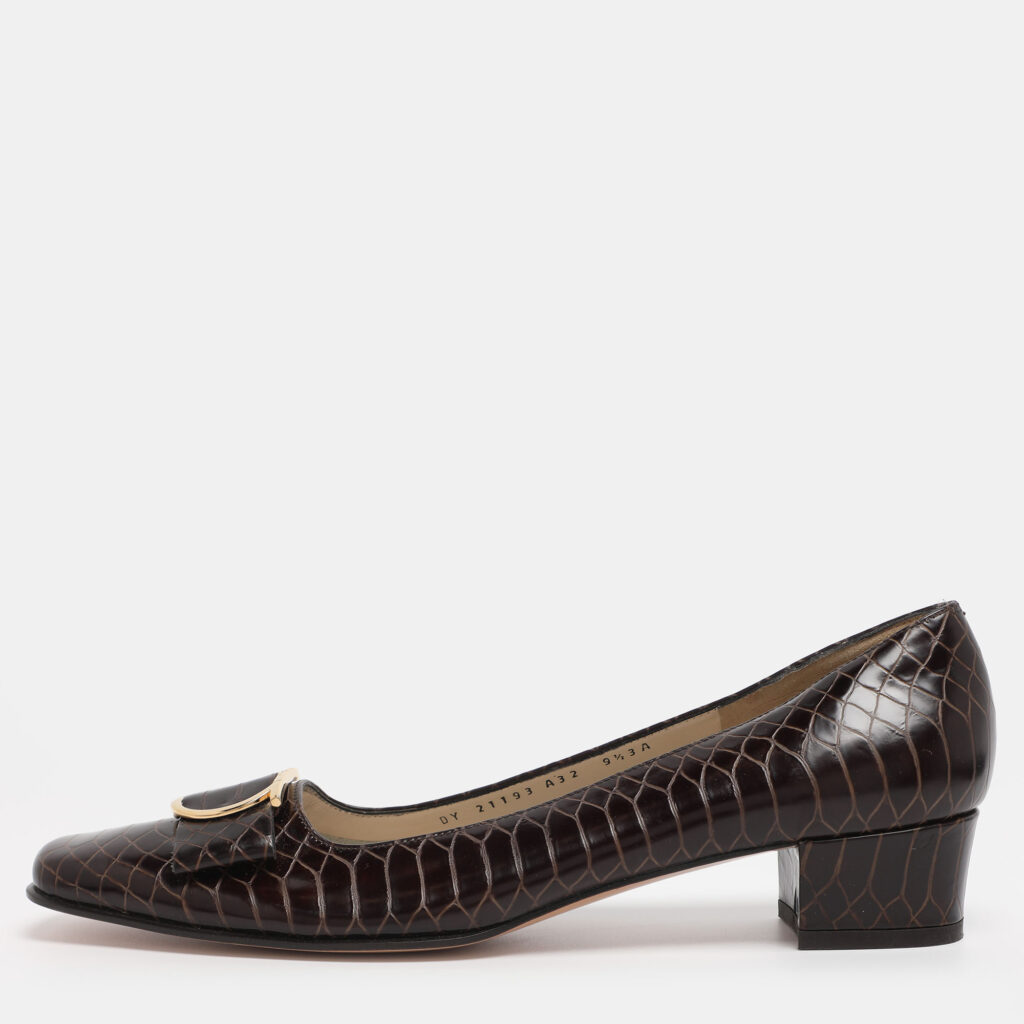 Salvatore Ferragamo Brown Python Embossed Leather Gancini Pumps Size 40
