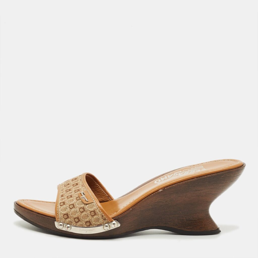 Salvatore Ferragamo Brown Canvas and Leather Wedge Sandals Size 38
