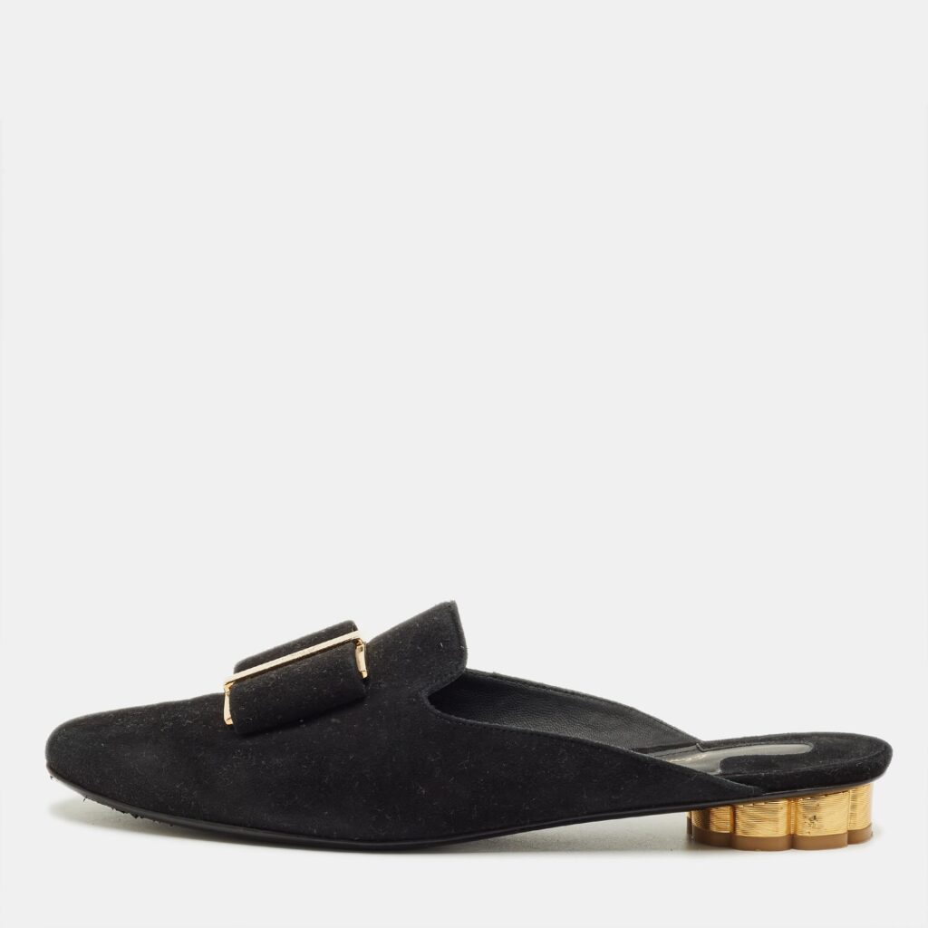 Salvatore Ferragamo Black Suede Vara Bow Mules Size 38