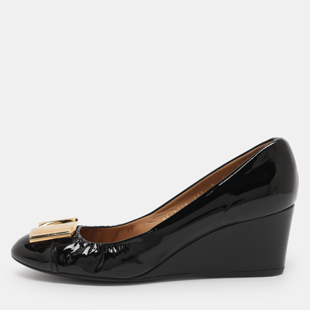 Salvatore Ferragamo Black Patent Leather Wedge Pumps Size 39.5