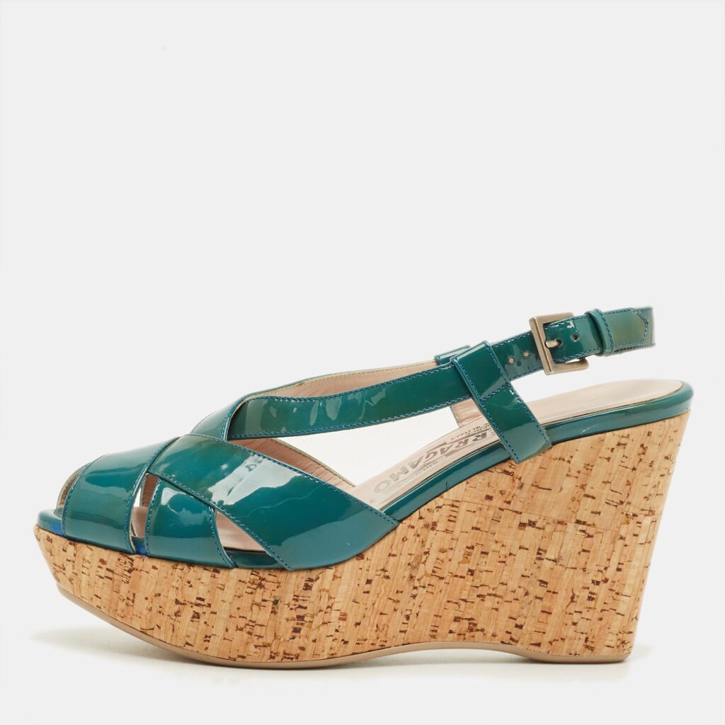 Salvatore Ferragamo Blue Patent Leather Cork Wedge Slingback Sandals Size 36.5 Salvatore Ferragamo Blue Patent Leather Cork Wedge Slingback Sandals Size 36.5