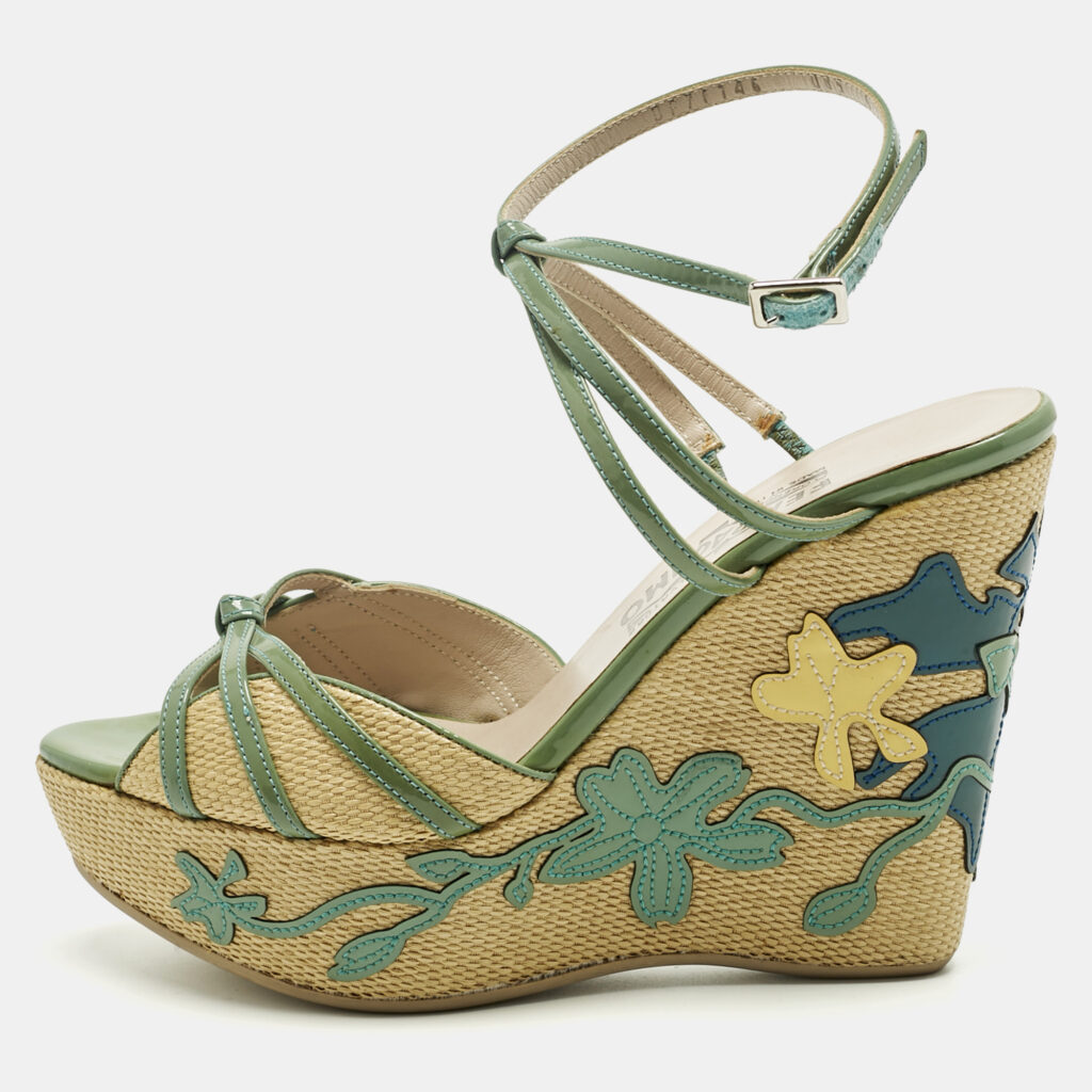 Salvatore Ferragamo Green Patent Leather and Raffia Wedge Sandals Size 36.5