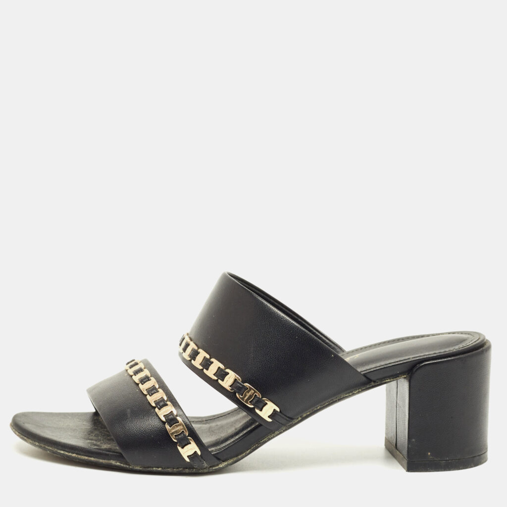 Salvatore Ferragamo Black Leather Trabia Chain Block Heel Slide Sandals Size 37 Salvatore Ferragamo Black Leather Trabia Chain Block Heel Slide Sandals Size 37