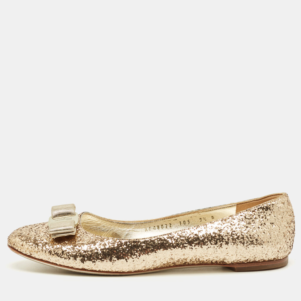 Salvatore Ferragamo Gold Glitter Varina Bow Ballet Flats Size 40 Salvatore Ferragamo Gold Glitter Varina Bow Ballet Flats Size 40