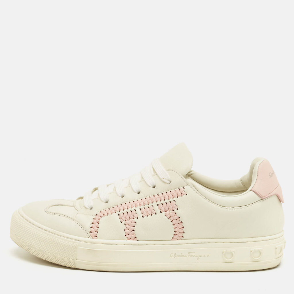 luxury-women-salvatore-ferragamo-used-shoes-p1243199-010.jpg Salvatore Ferragamo Pink/White Leather Pedros Gancini Lace Up Sneakers Size 39.5