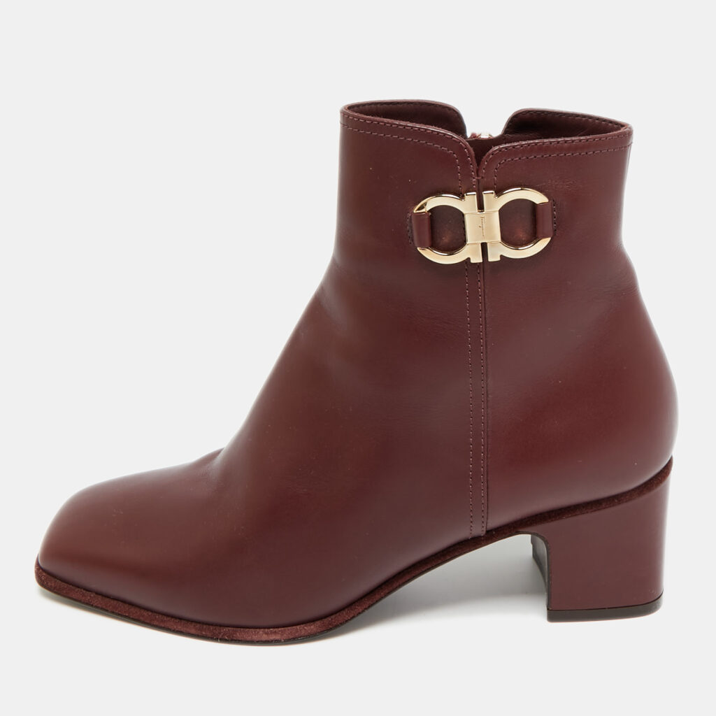 Salvatore Ferragamo Gancini Burgundy Leather Ankle Length Boots Size 36.5