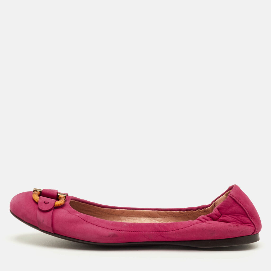 luxury-women-salvatore-ferragamo-used-shoes-p1250710-010.jpg Salvatore Ferragamo Gancini Size 38.5 Pink Nubuck Leather Scrunch Ballet Flats