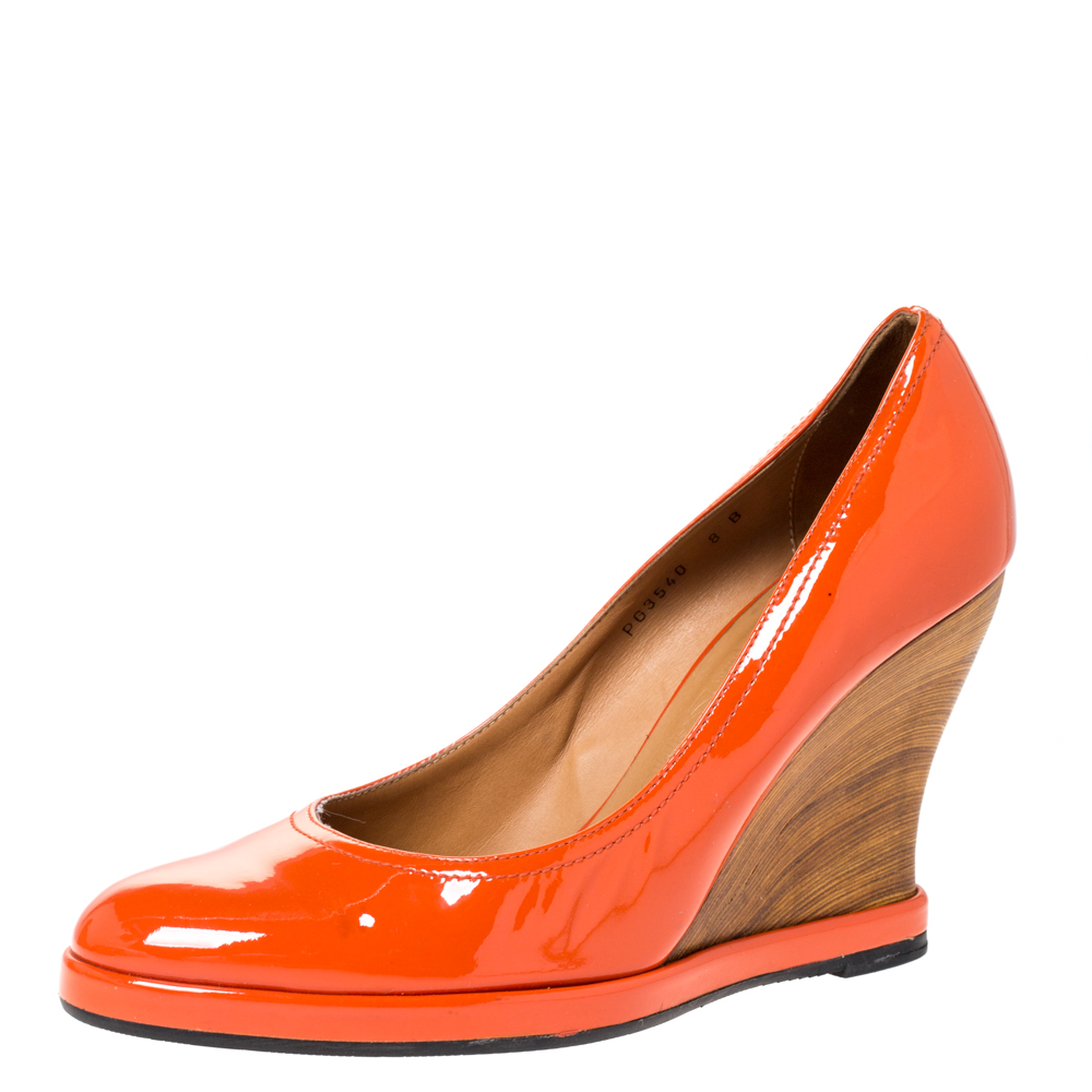 Salvatore Ferragamo Orange Patent Leather Wedge Platform Pumps Size 38.5 Salvatore Ferragamo Orange Patent Leather Wedge Platform Pumps Size 38.5