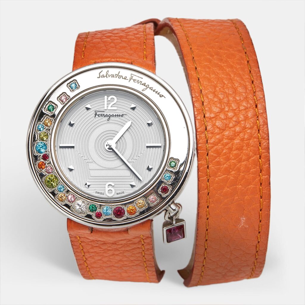 Salvatore Ferragamo Gancino Sparkling F64 Silver White Dial Stainless Steel Leather Women's Wristwatch 36.5 mm