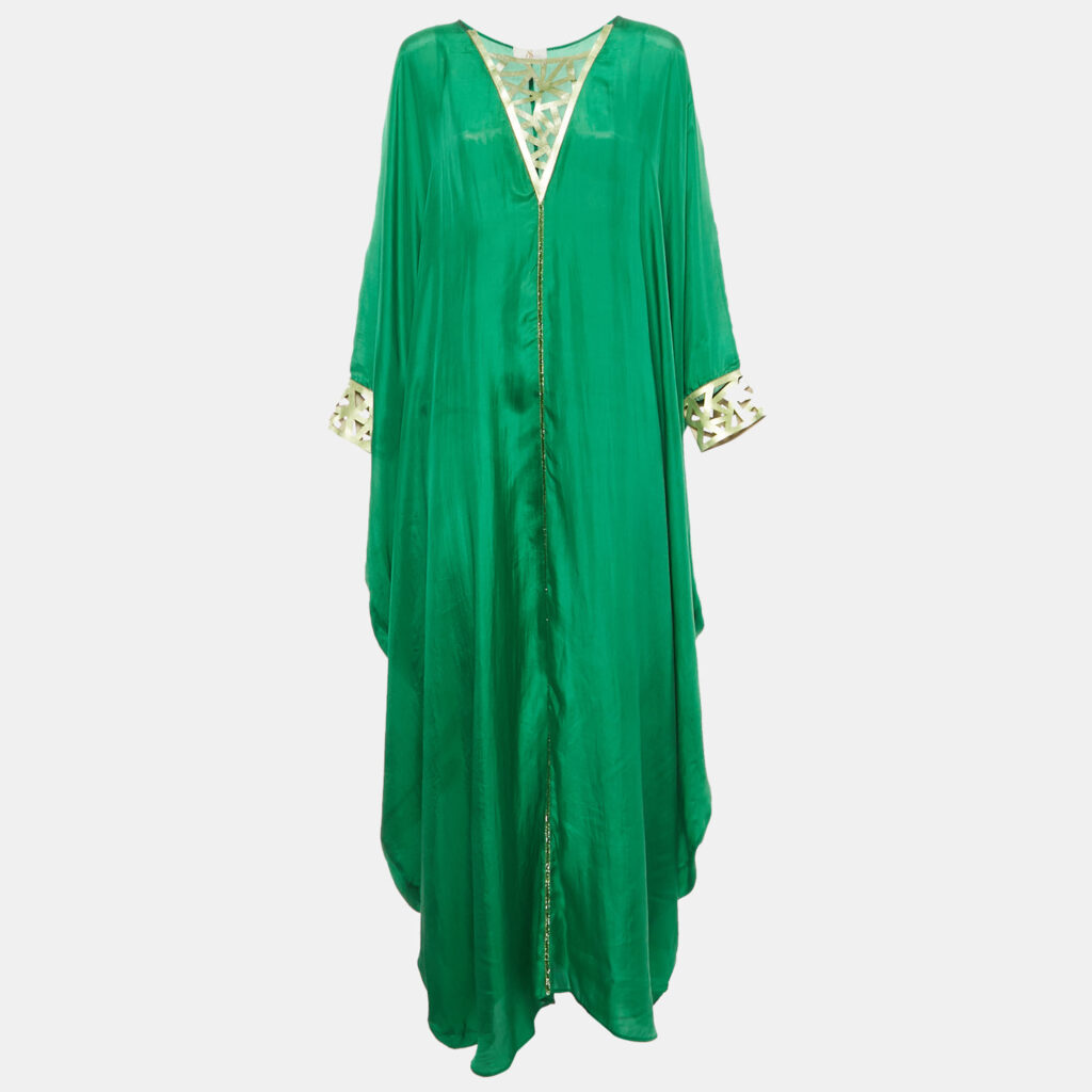 Sana Osmani Green Silk Laser Cut Detail Paros Maxi Kaftan One Size Sana Osmani Green Silk Laser Cut Detail Paros Maxi Kaftan One Size