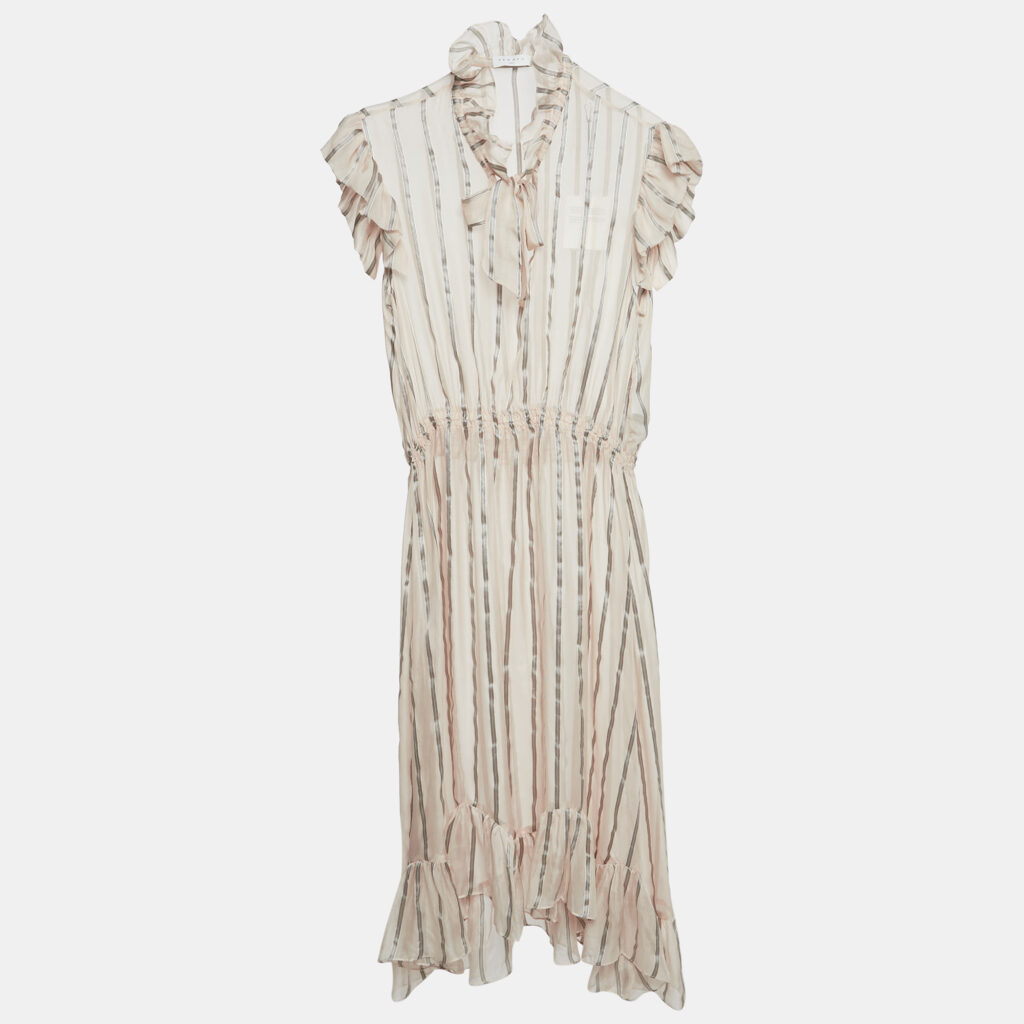 Sandro Pink Stripe Silk Ruffled Midi Dress L Sandro Pink Stripe Silk Ruffled Midi Dress L
