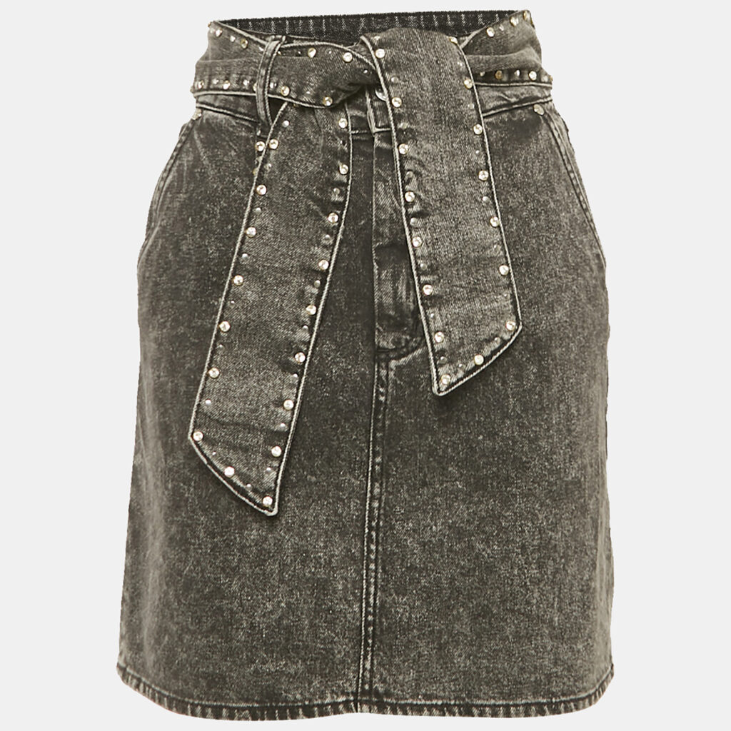 Sandro Black Denim Stud Detail Belted Mini Skirt S Sandro Black Denim Stud Detail Belted Mini Skirt S