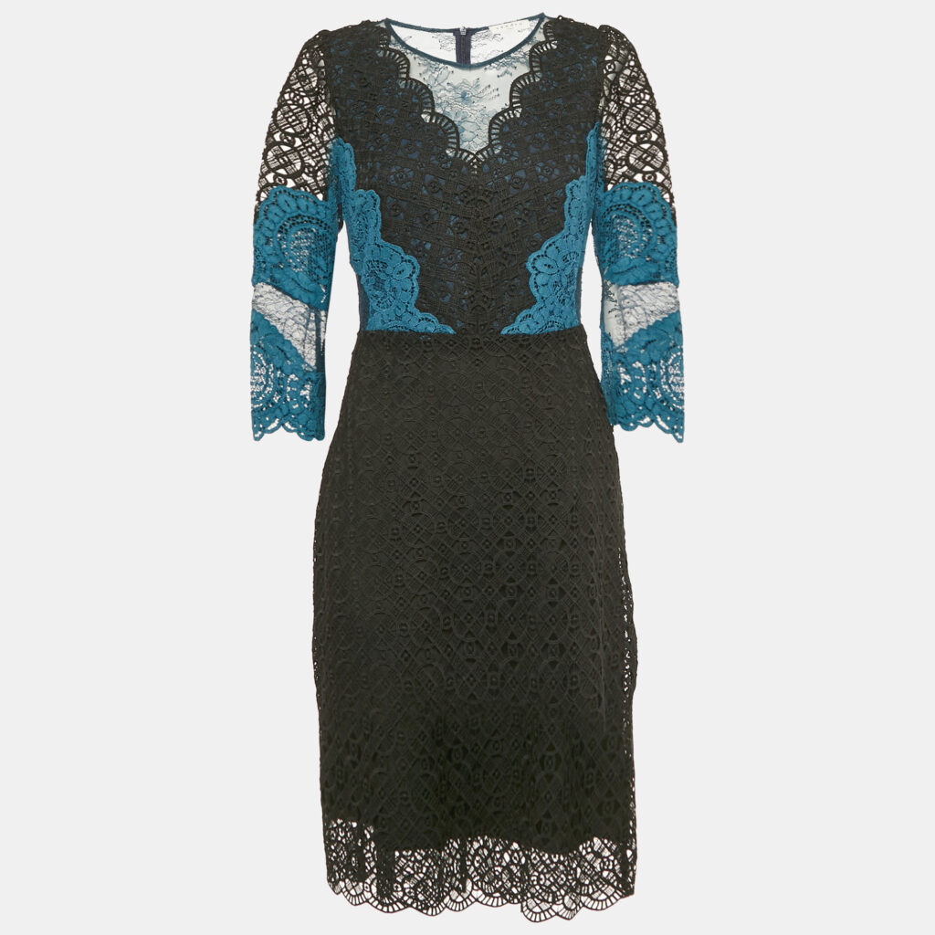 Sandro Teal/Black Lace Midi Dress L