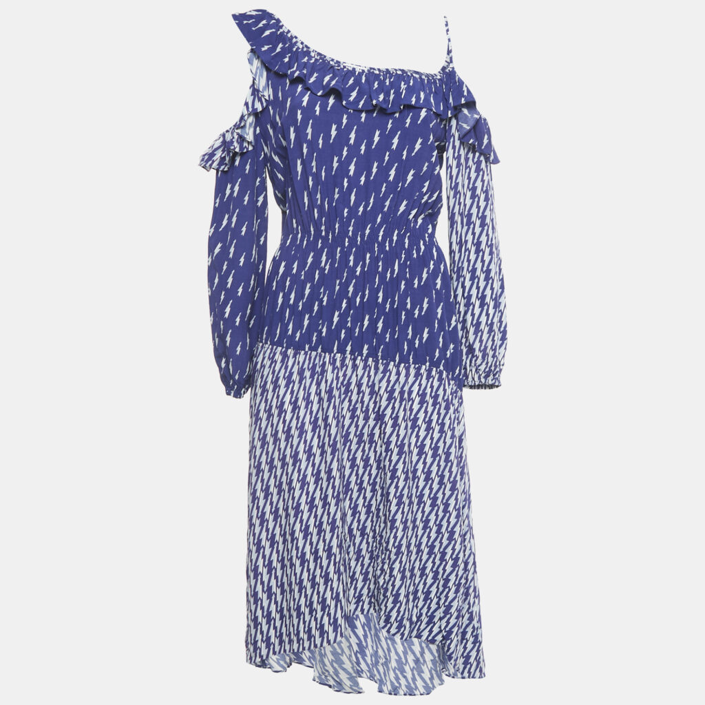 Sandro Blue Lightning Bolt Print Crepe Cold Shoulder Midi Dress S